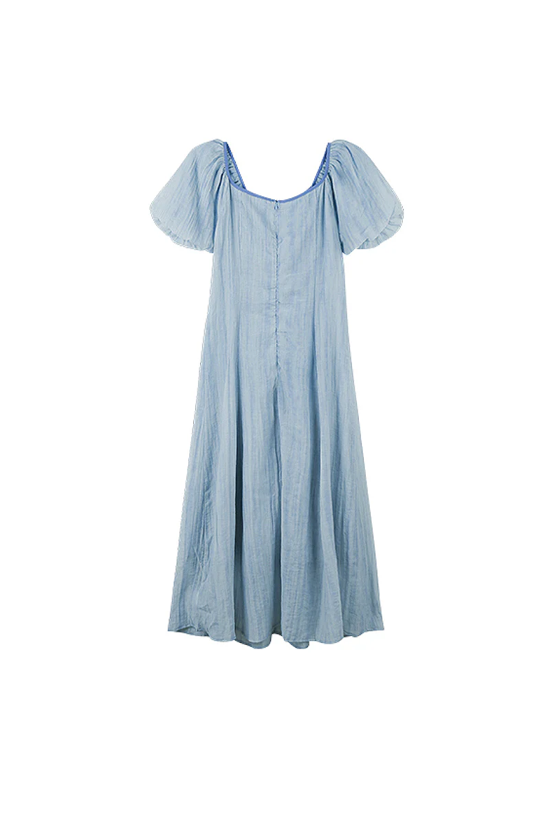Baby Blue Lyocell V-Neck Puff-Sleeve Midi Dress - HBQMJX