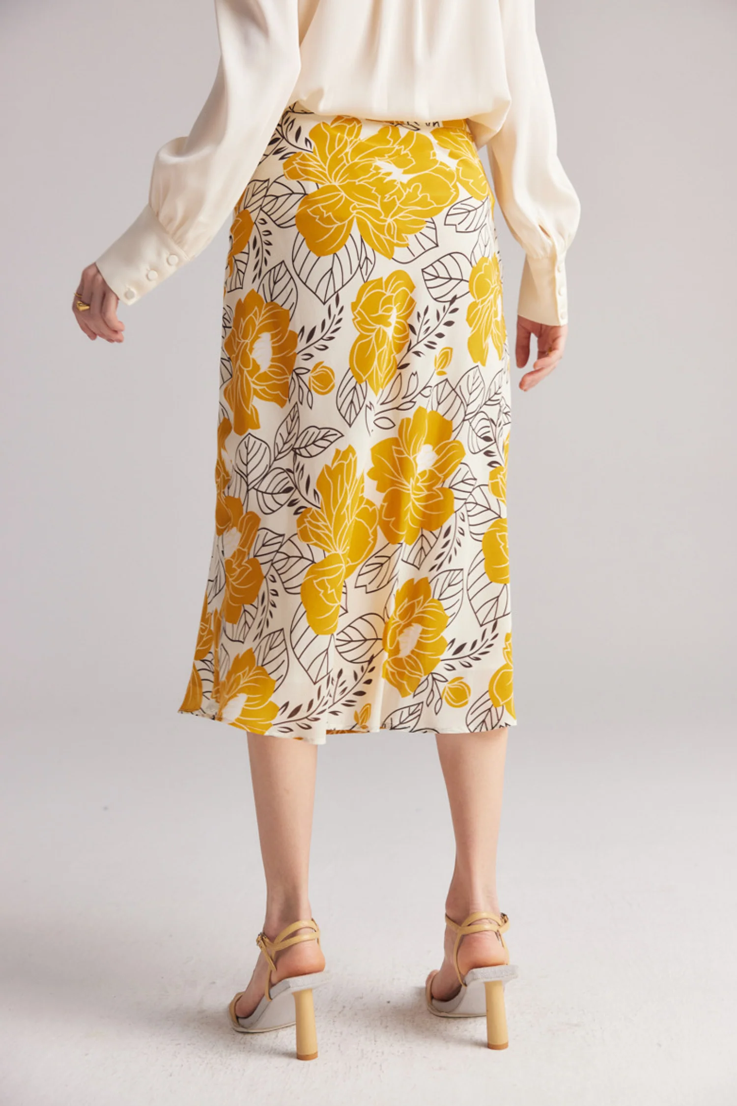 High Waisted A-Line Silk Floral Midi Skirt - HBQMJX