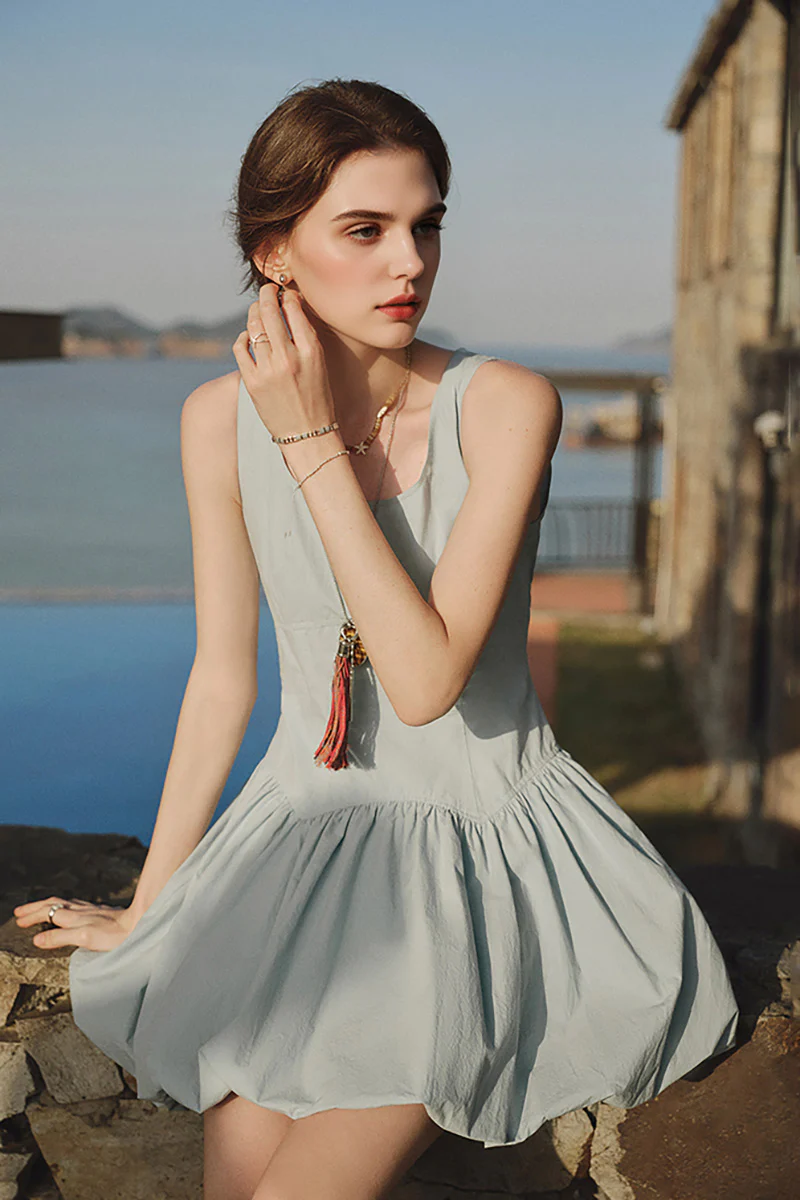 Baby Blue 100 Cotton Sleeveless Scoop-Neck Bubble Mini Dress - HBQMJX