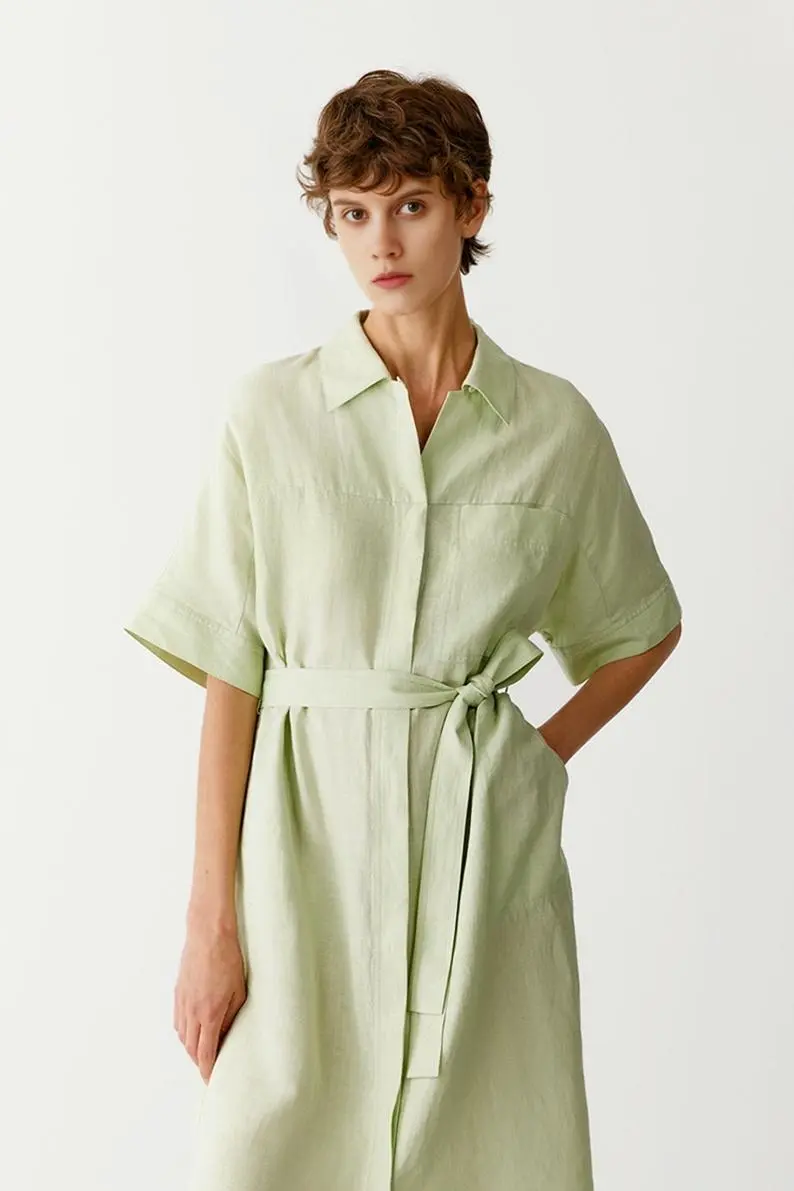 100% Linen Midi Shirt Dress With Belt - HBQMJX