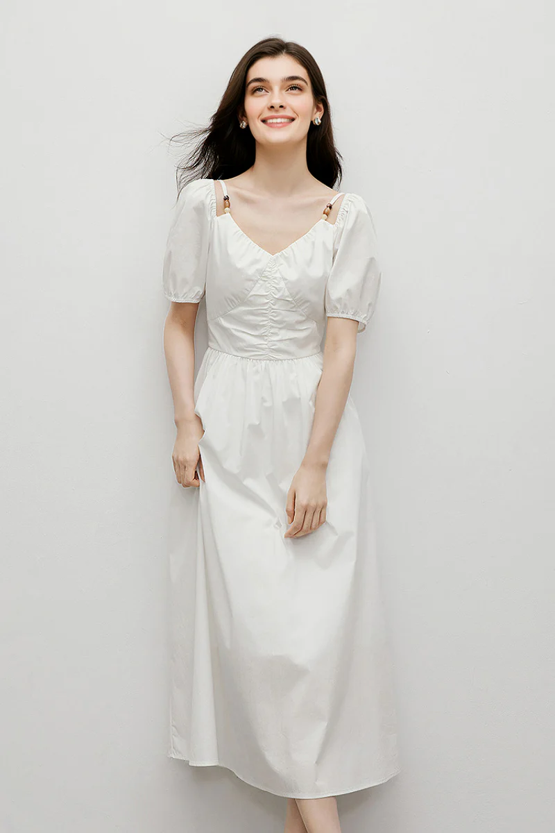 White V-Neck Beaded Strap Midi Dress - HBQMJX