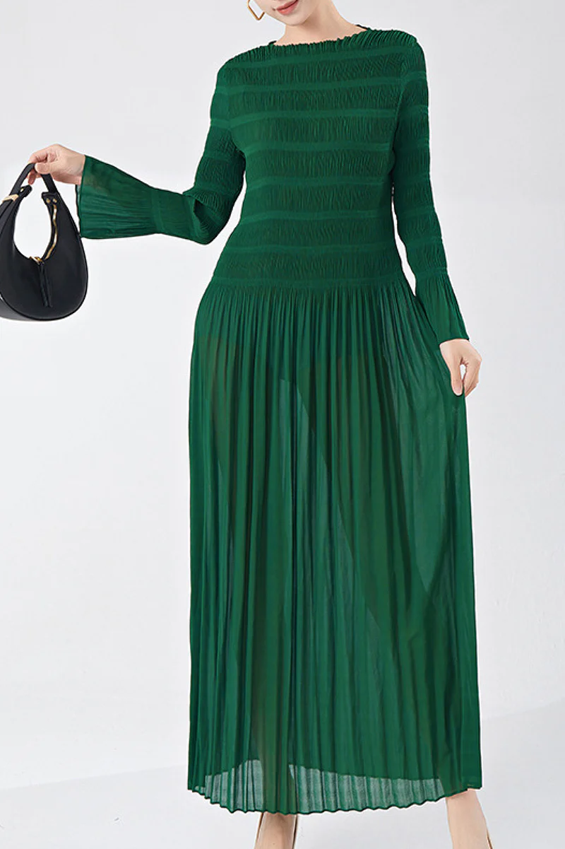 Designer Inspired Pleated Long Sleeve Smocked Maxi Dress in Emerald Green - HBQMJX