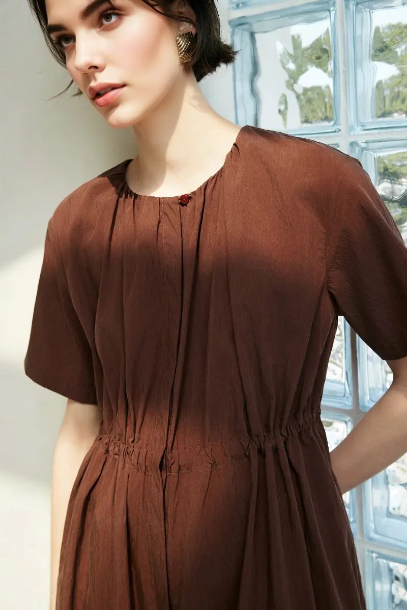 Summer Cinched Waist Midi Dress with Pockets - HBQMJX