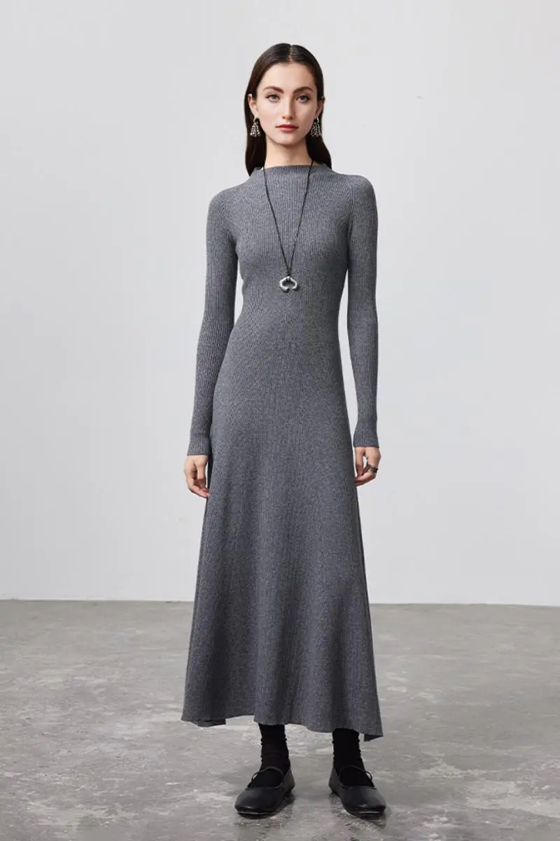 Machine Washable Merino Wool Fit & Flare Midi Sweater Dress with Belt - HBQMJX
