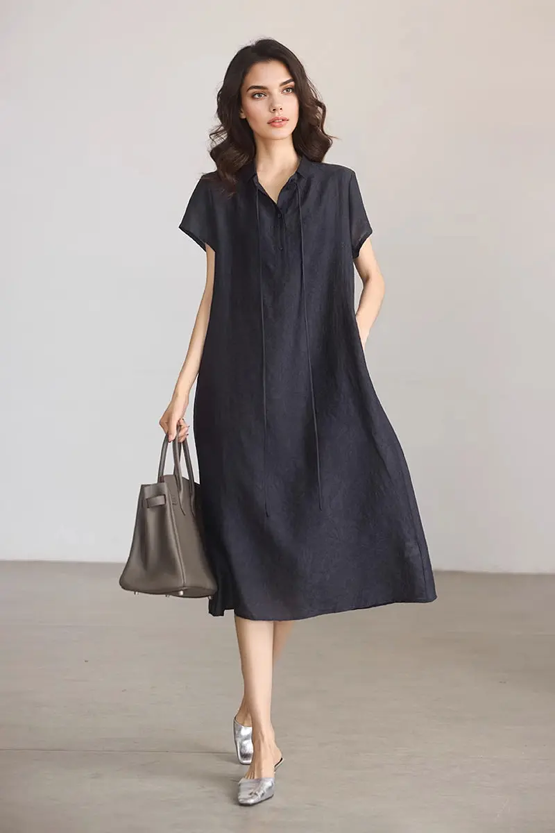 Linen-Blend Jacquard A-Line Shirt Dress in Navy Blue - JIEEQQ