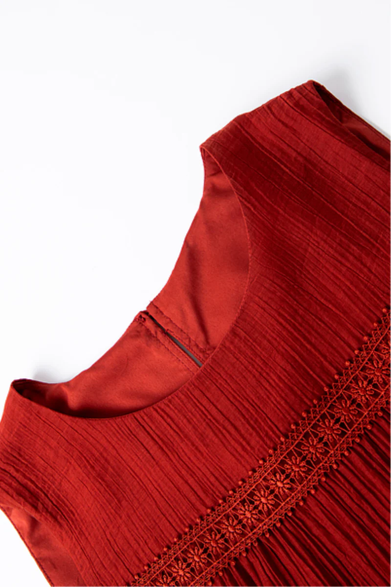 Red Tiered Sleeveless Tank Midi Dress with Embroidered Detail - HBQMJX