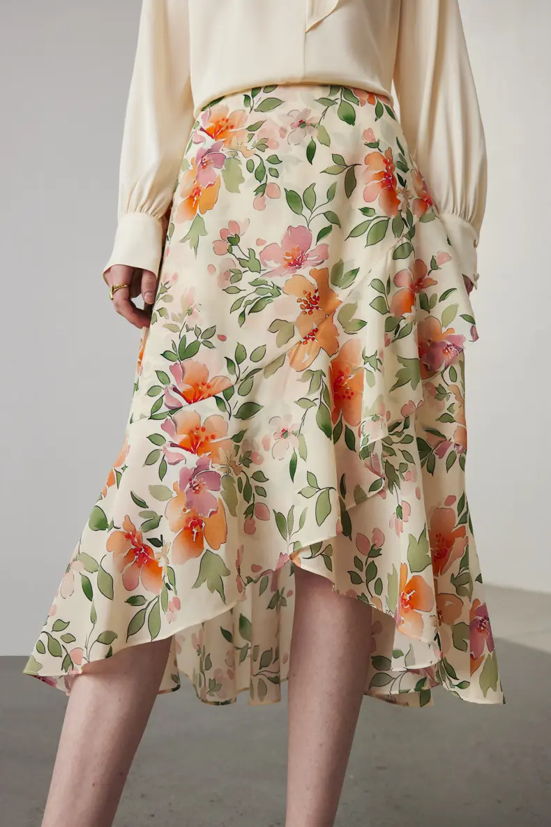 Asymmetric Silk Ruffled Floral Midi Skirt - HBQMJX