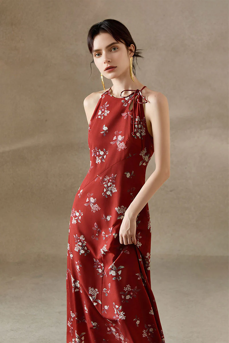 Red Jacquard Halter Midi Dress with Shoulder Bow - HBQMJX