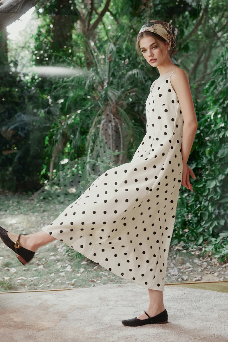 White Polka-Dot Spaghetti-Strap Midi Dress - HBQMJX