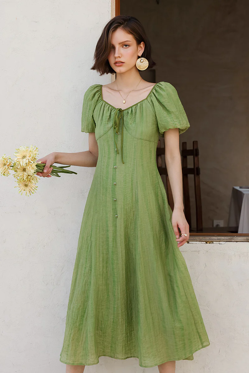 Olive Green Lyocell V-Neck Puff-Sleeve Midi Dress - HBQMJX