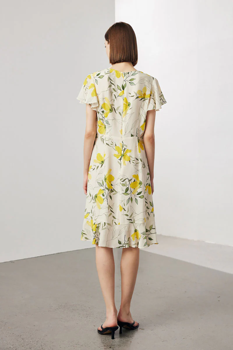 100 Mulberry Silk Floral Flutter-Sleeve V-Neck Ruffle Wrap Midi Dress - HBQMJX