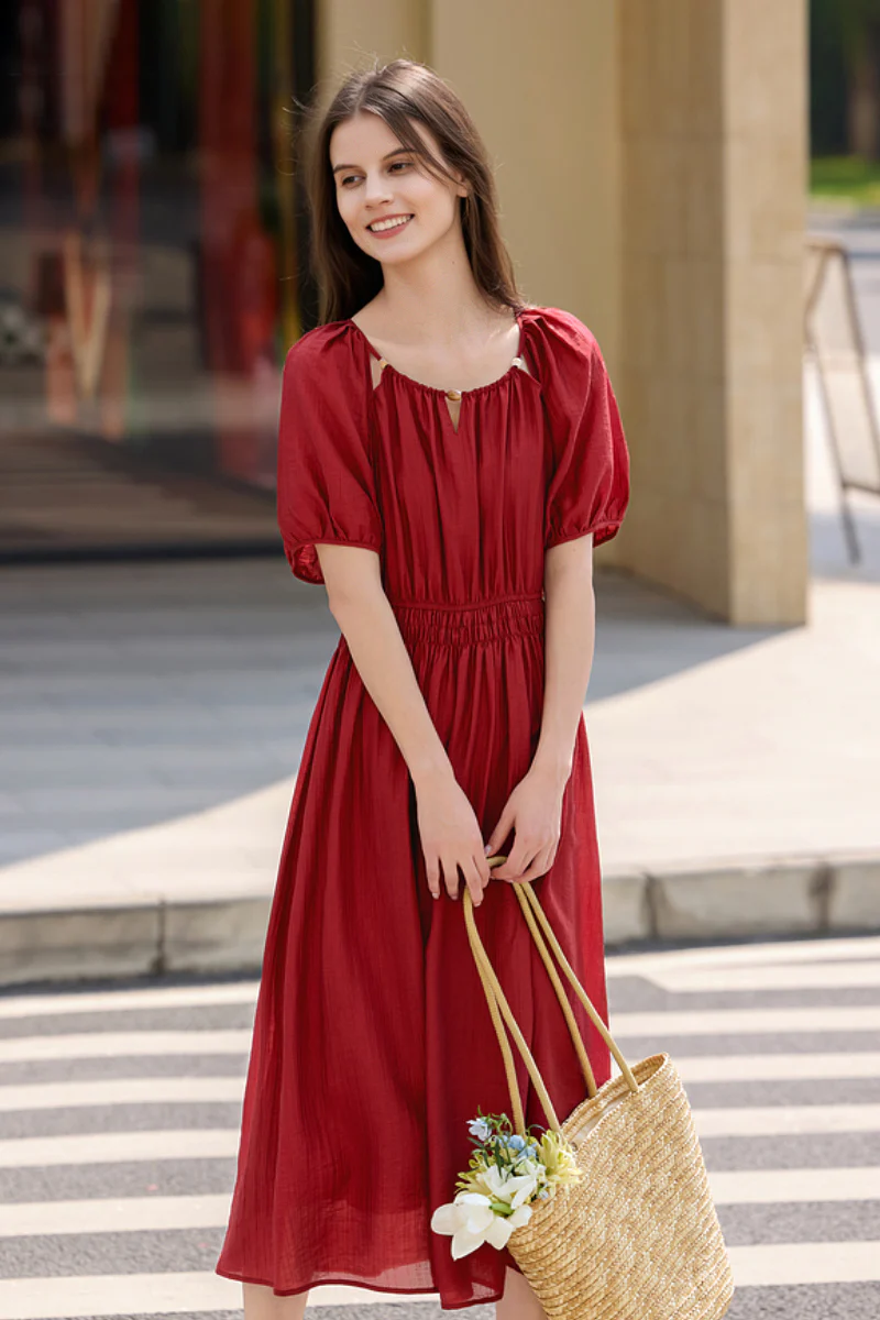 Red Beaded Puff-Sleeve A-Line Midi Dress - HBQMJX