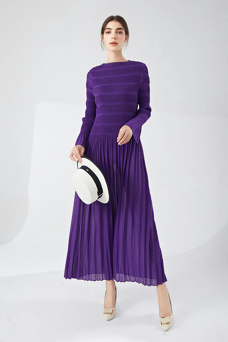 Designer Inspired Pleated Long Sleeve Smocked Maxi Dress in Purple - HBQMJX