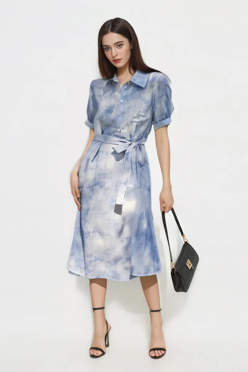 100 Mulberry Silk Blue Tie Dye Shirt Midi Dress - HBQMJX