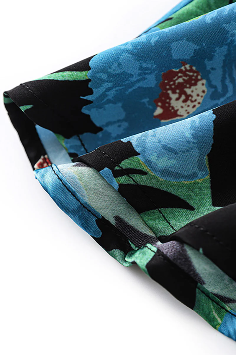 Blue Floral Sleeveless V-Neck Satin Midi Dress - HBQMJX