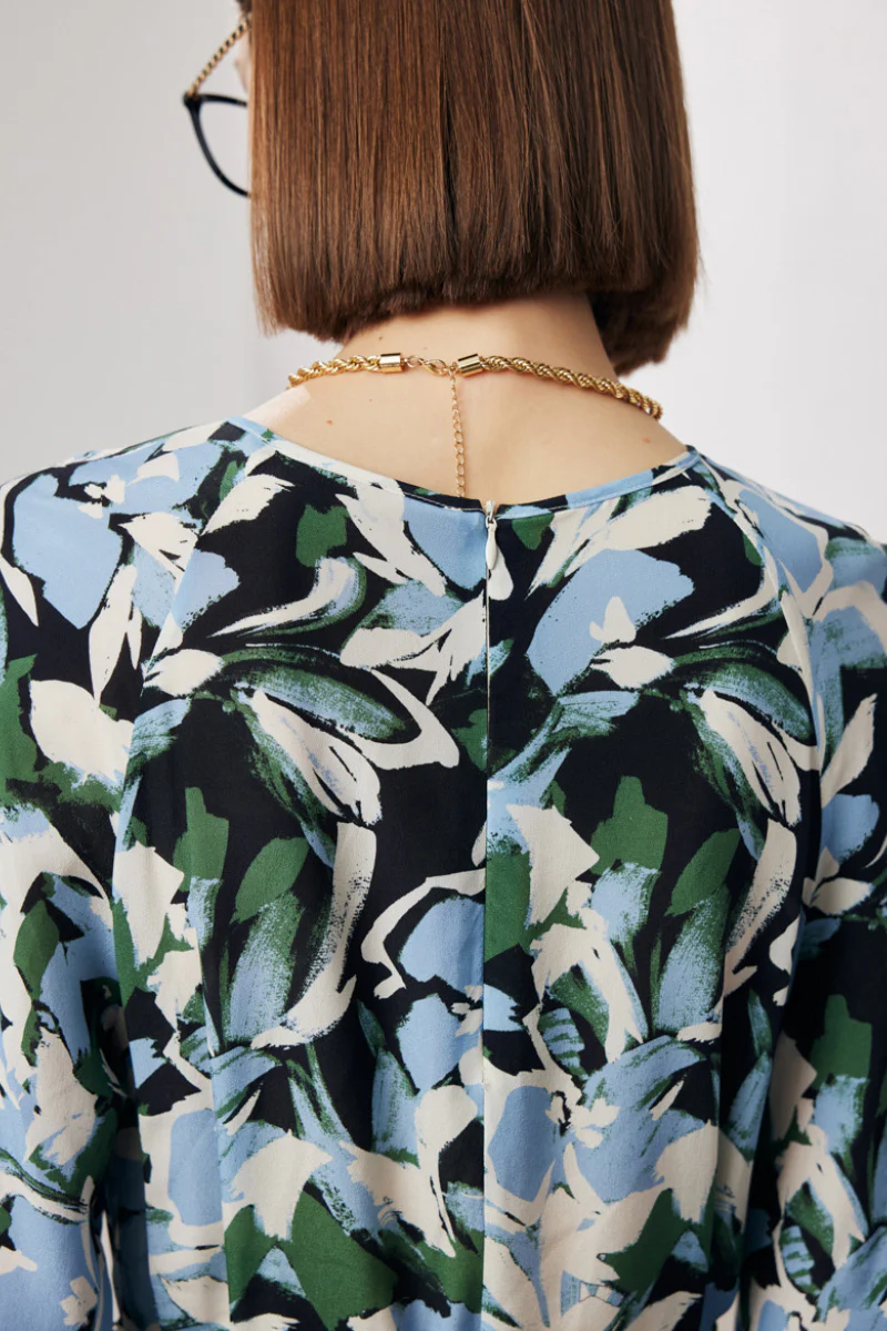 100 Mulberry Silk Floral Balloon-Sleeve Tie-Waist Midi Dress with Pockets - HBQMJX