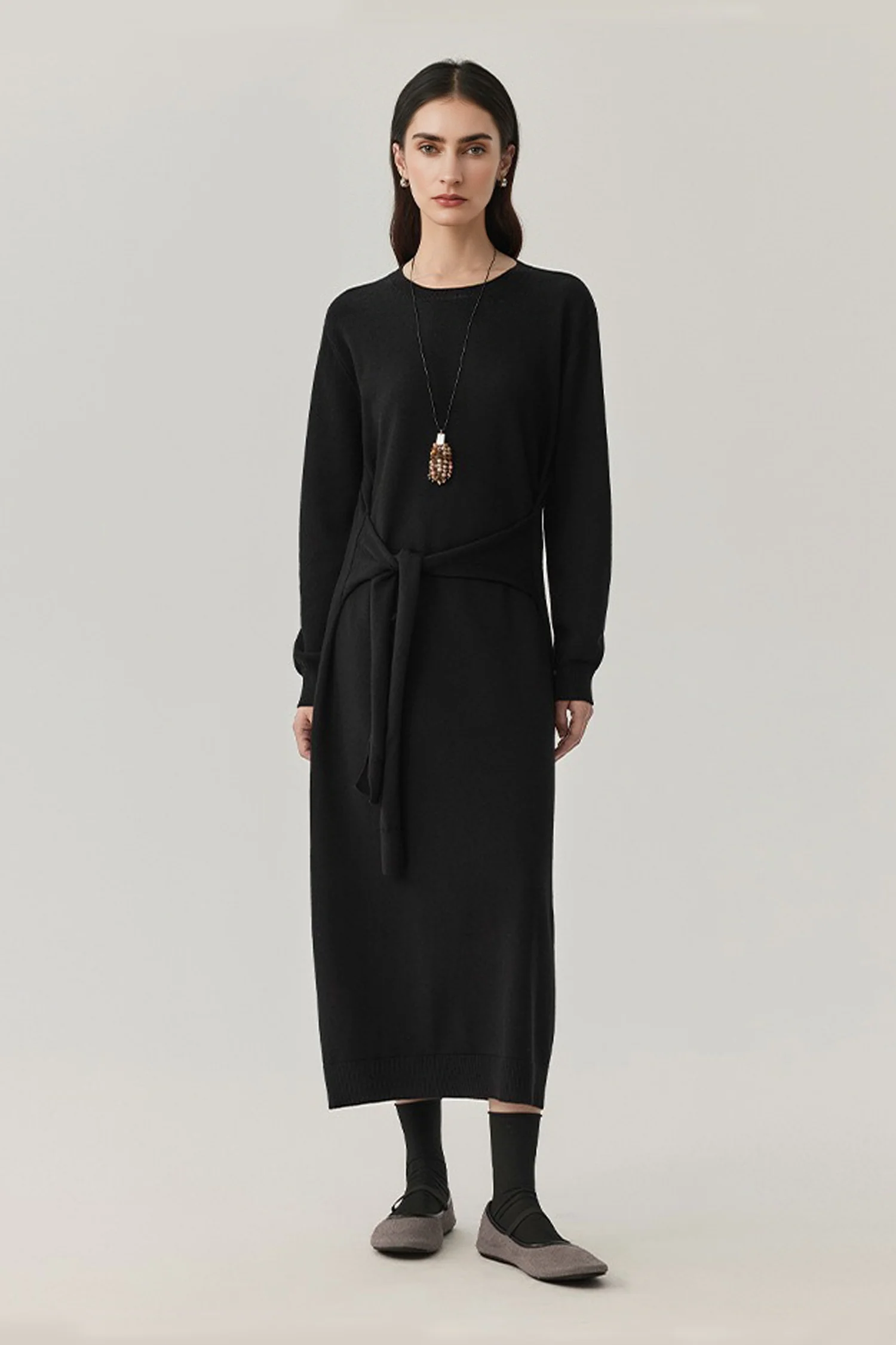 Washable Wool Long Sleeve Tie-Waist Midi Sweater Dress - HBQMJX