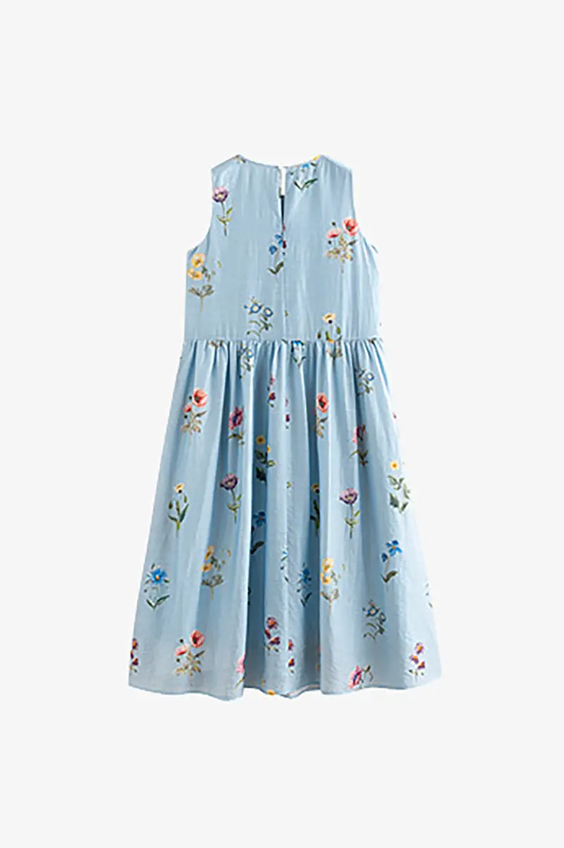 Blue Floral Linen Sleeveless Fit & Flare Midi Dress - HBQMJX