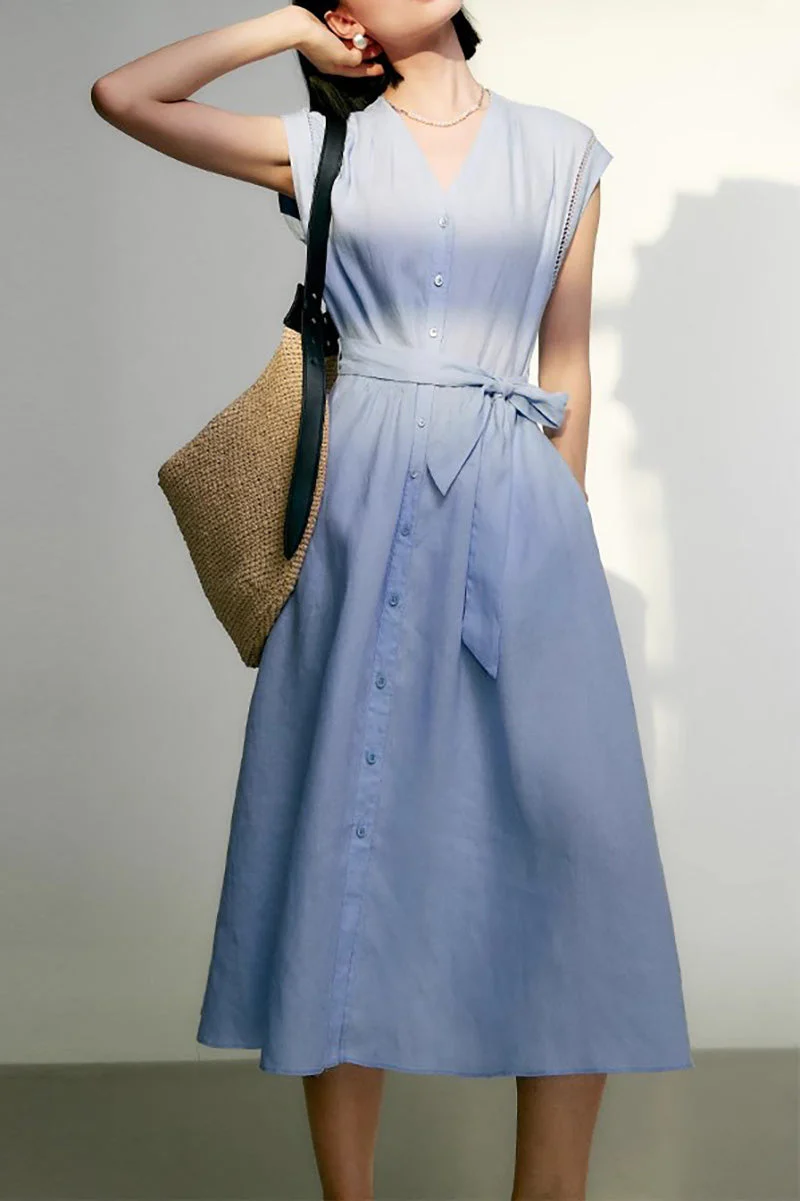 Baby Blue 100 Linen Cap-Sleeve Button-Front Belted Midi Dress - HBQMJX