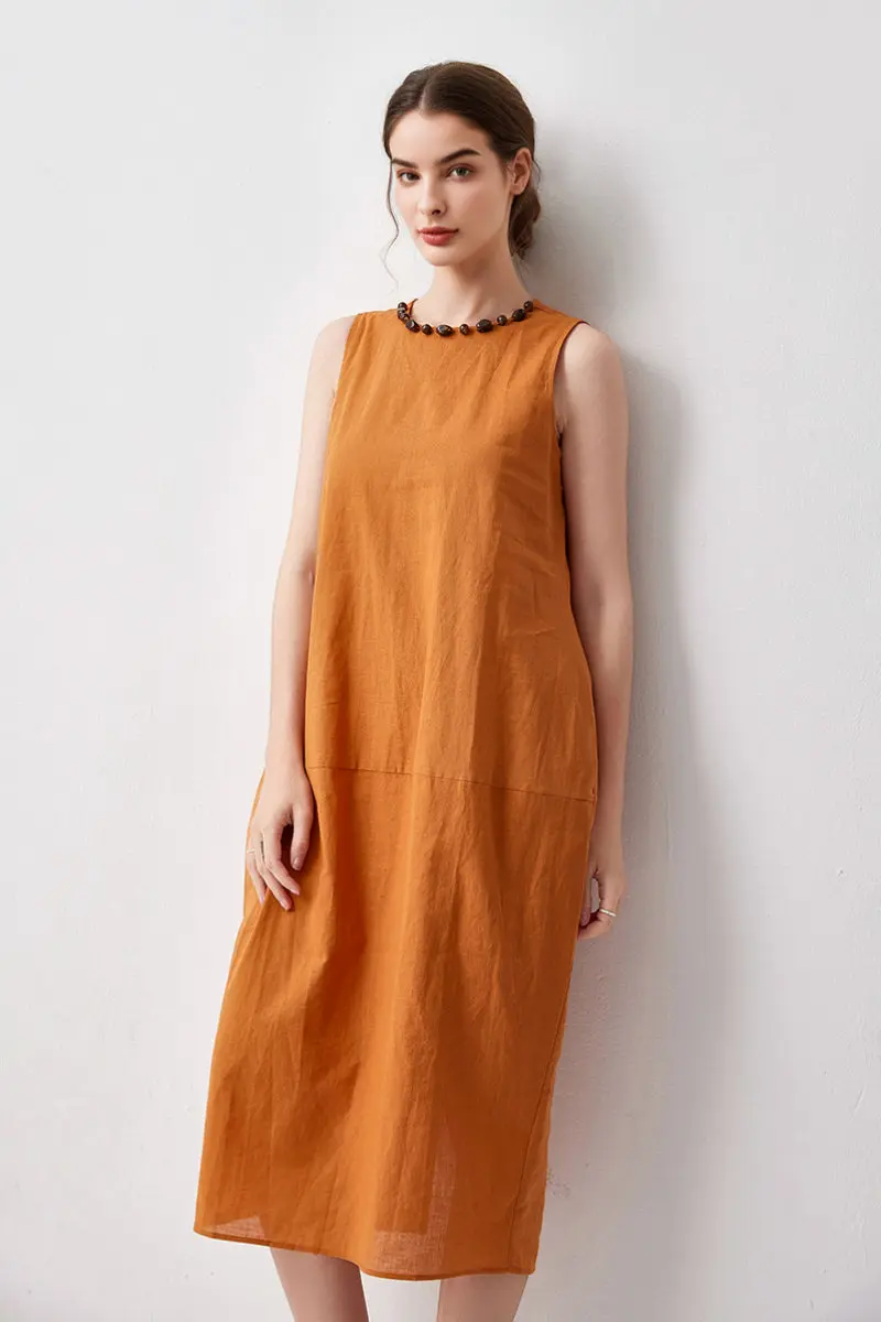 100 Linen Sleeveless Midi Dress With Back Slit - HBQMJX