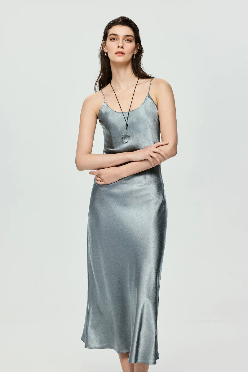 Silver Bias Cut Satin Slip Midi Dress - HBQMJX