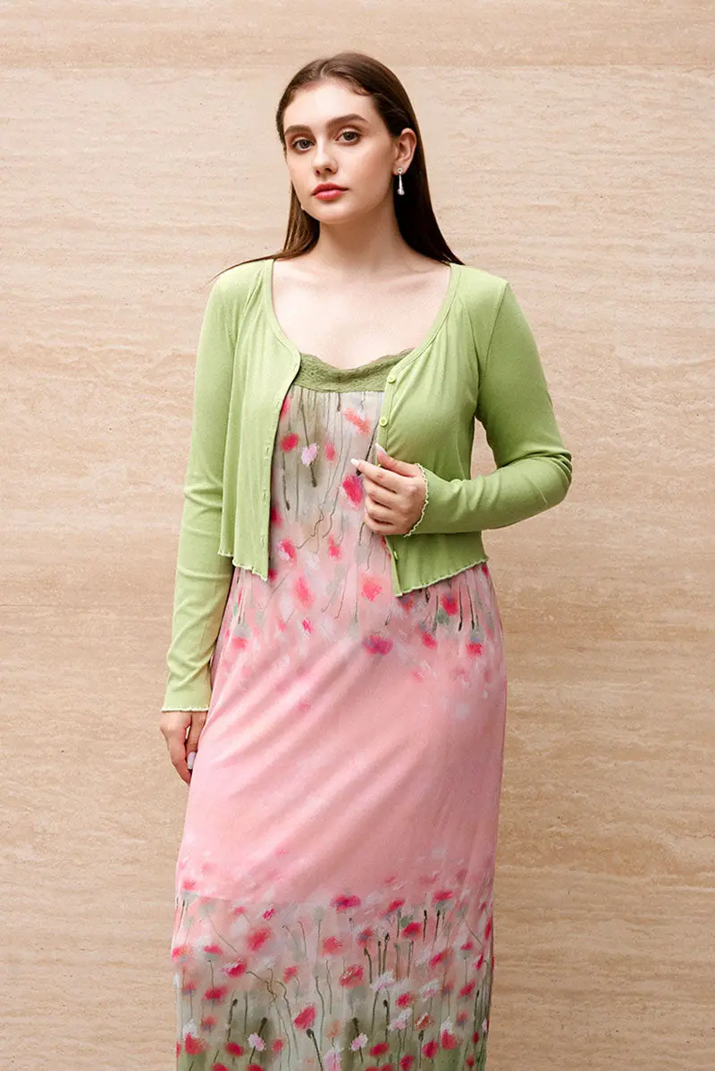 Floral Lace Mesh Slip Midi Dress with Side Slit - HBQMJX