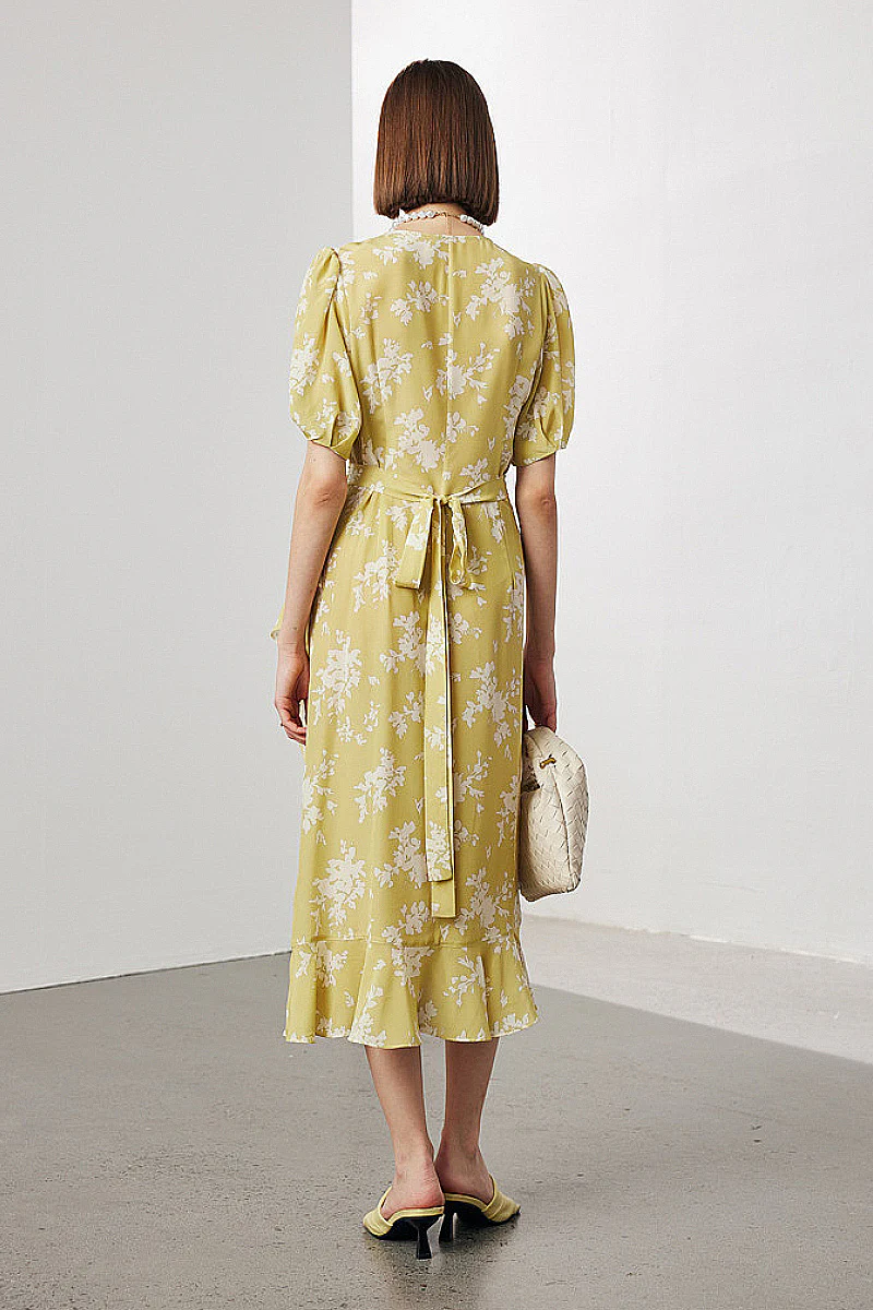 100 Mulberry Silk Floral Puff-Sleeve V-Neck Ruffle Wrap Midi Dress - HBQMJX