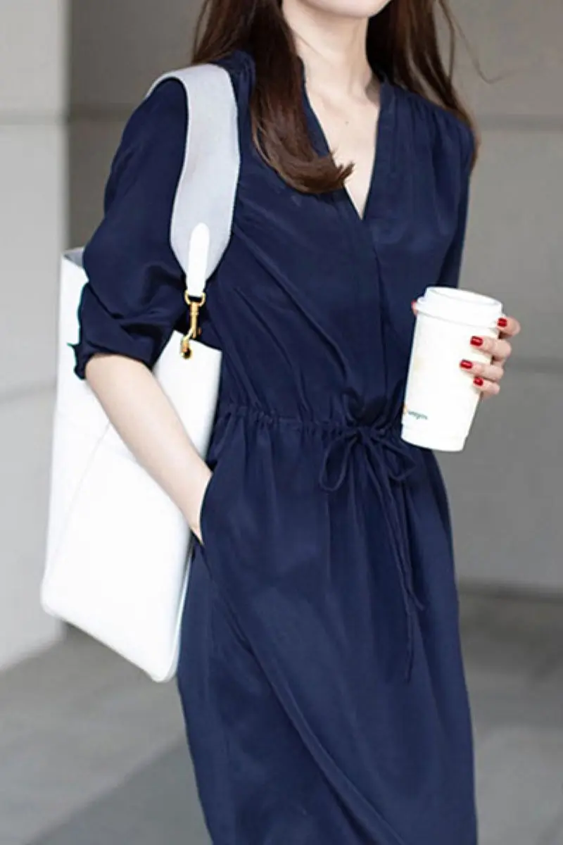 19 MM Silk Elbow-Sleeve Drawstring Waist Midi Dress - HBQMJX