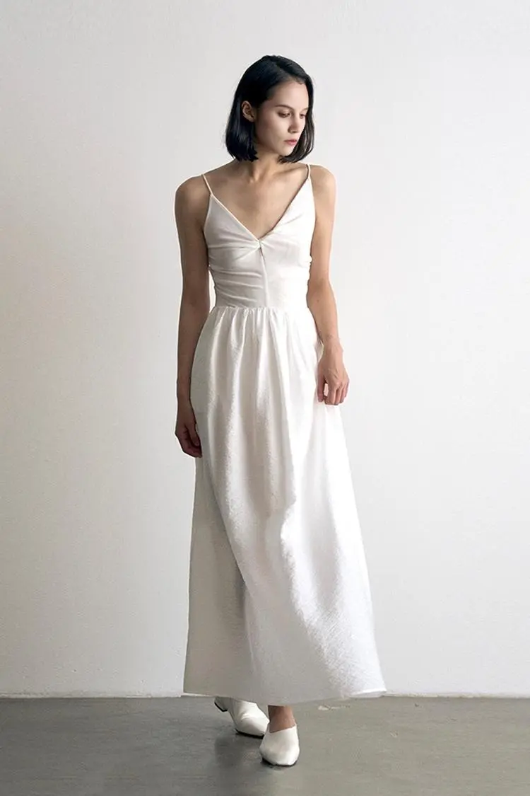 Tencel White Slip Maxi Dress with Front Twist - HBQMJX