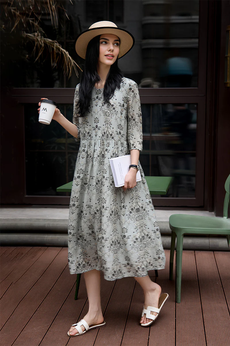 Floral Elbow-Sleeve Midi Dress in Linen-Silk Blend - HBQMJX