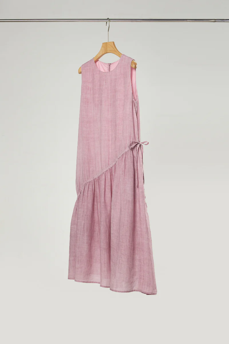 Pink Cotton-Linen Tiered Swing Beach Tank Midi Dress - HBQMJX