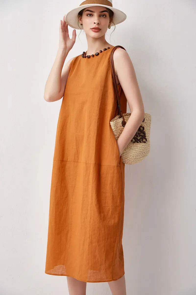 100 Linen Sleeveless Midi Dress With Back Slit - HBQMJX