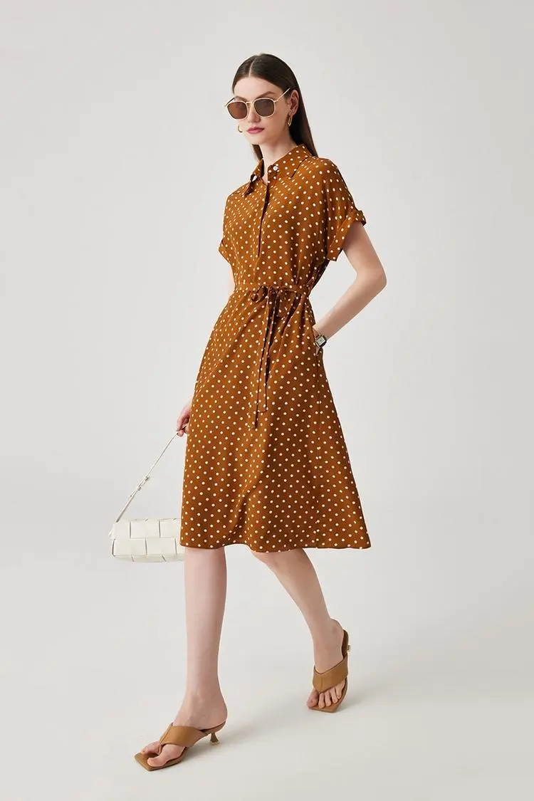 Women's Heavyweight Mulberry Silk Polka Dot Printed Silk Long Dress - HBQMJX