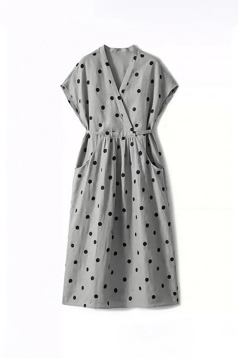 100% Ramie Polka Dot V-Neck Midi Dress - HBQMJX