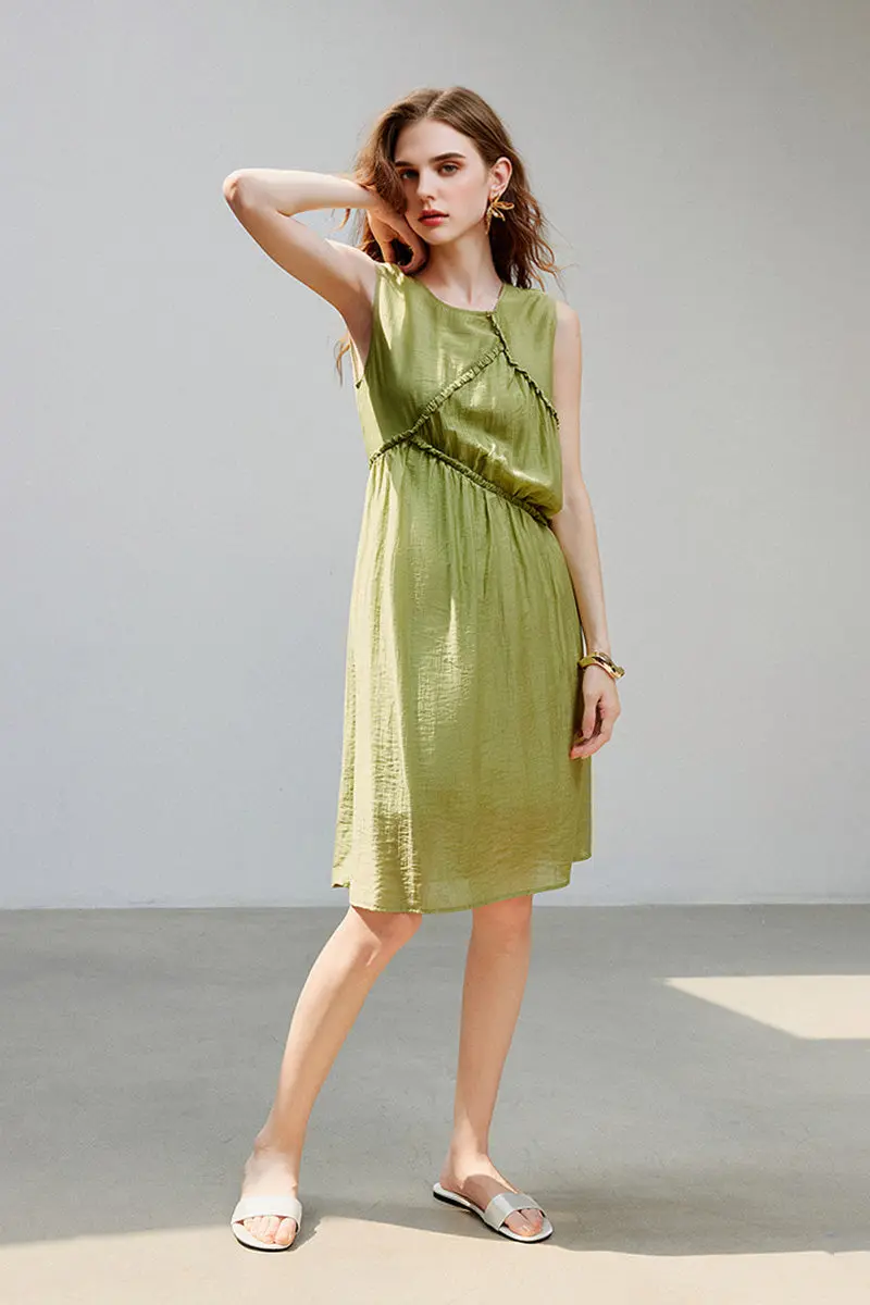 Sage Green Lyocell Sleeveless Ruffle-Detail Midi Dress - HBQMJX