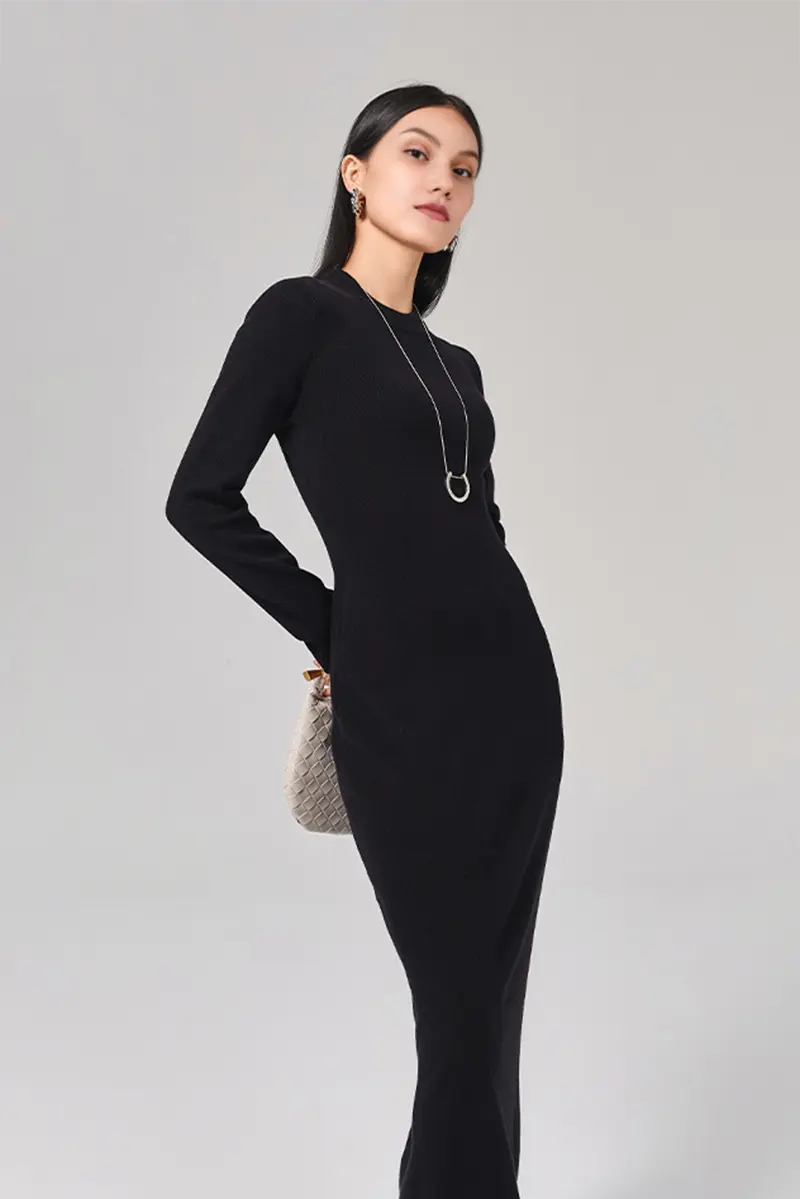 Slim Fit Long Sleeve Knit Wool Maxi Dress - HBQMJX