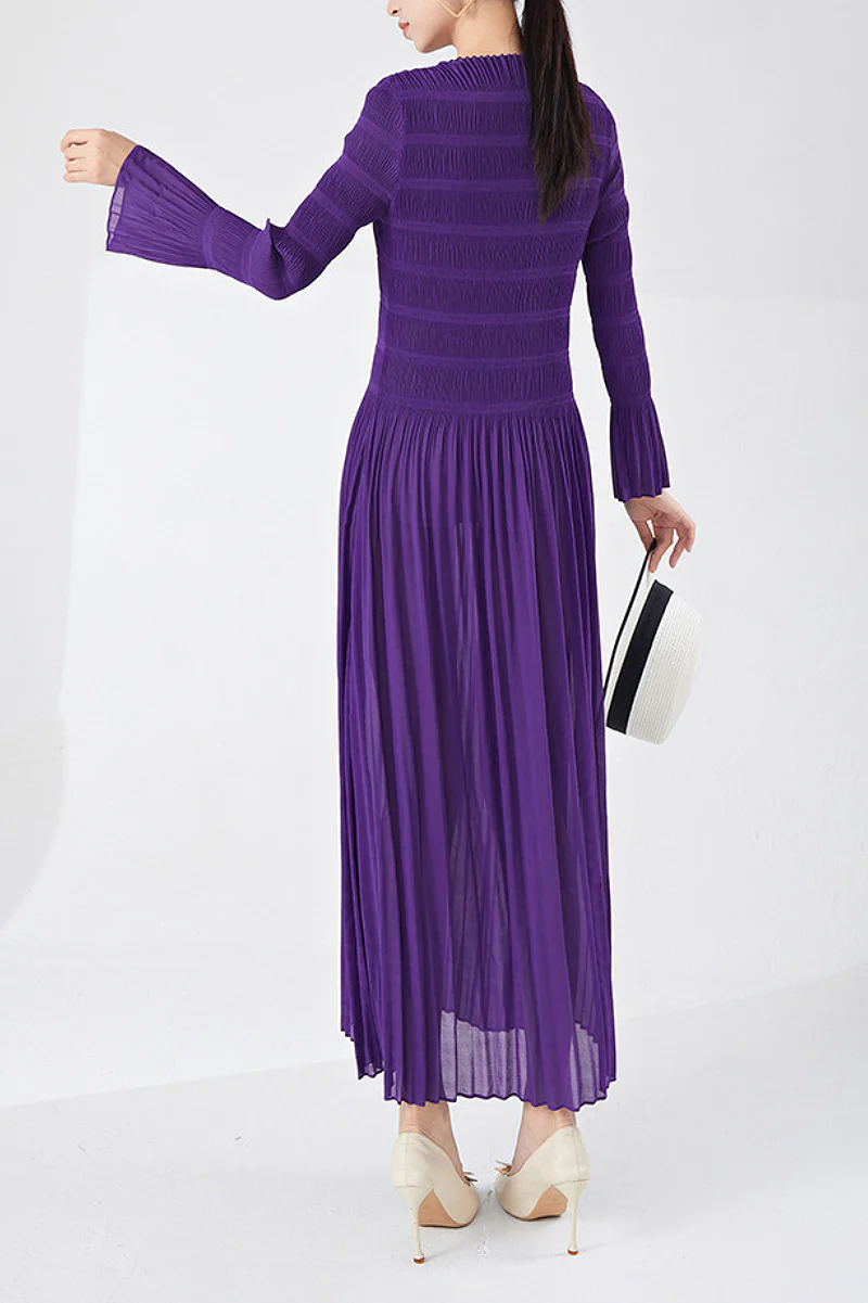 Designer Inspired Pleated Long Sleeve Smocked Maxi Dress in Purple - HBQMJX