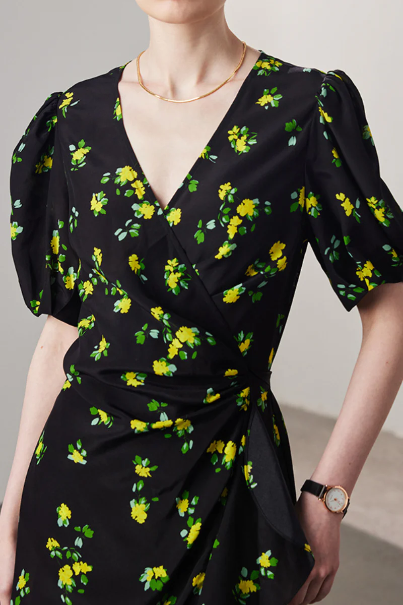100 Mulberry Silk Floral Puff-Sleeve V-Neck Ruffle Wrap Midi Dress - HBQMJX