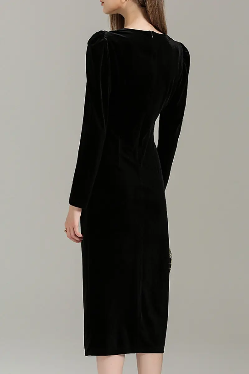 Black Long Sleeve Velvet Midi Dress with Ruched Neck and Front Slit - HBQMJX