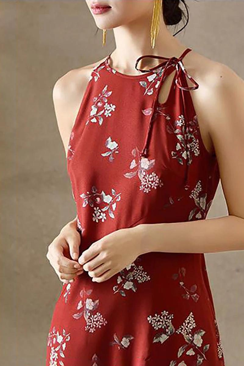 Red Jacquard Halter Midi Dress with Shoulder Bow - HBQMJX