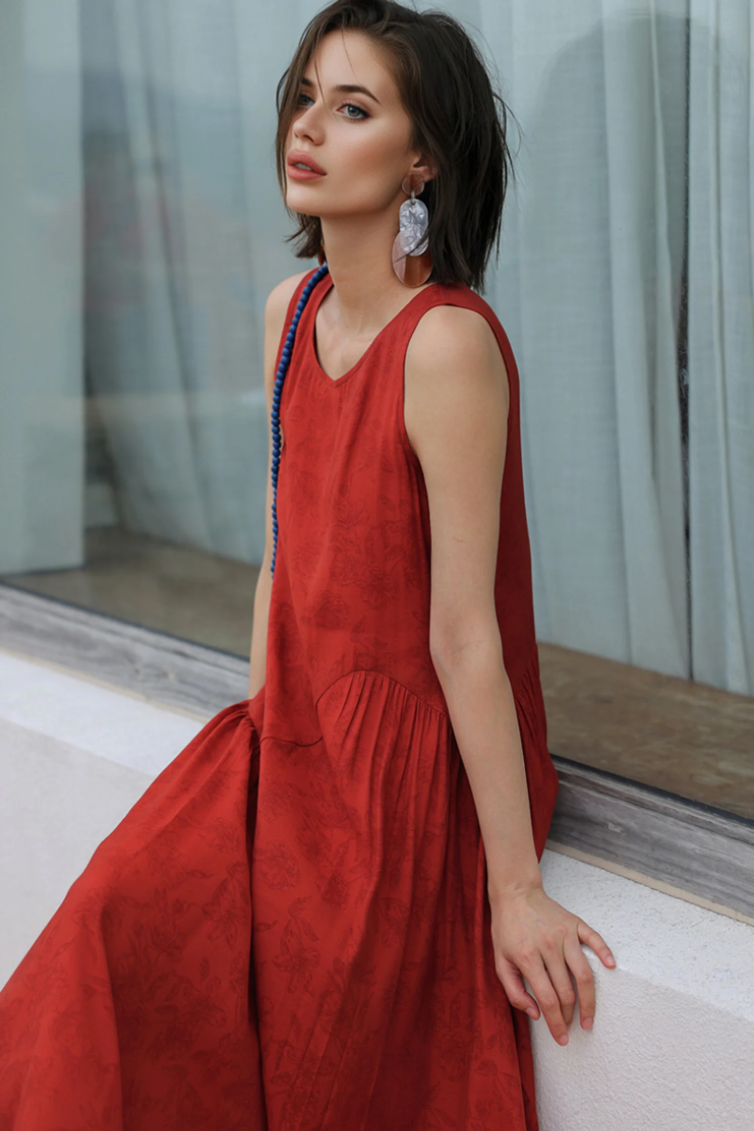 Red Asymmetrical Tiered Sleeveless Maxi Dress with Floral Print - HBQMJX