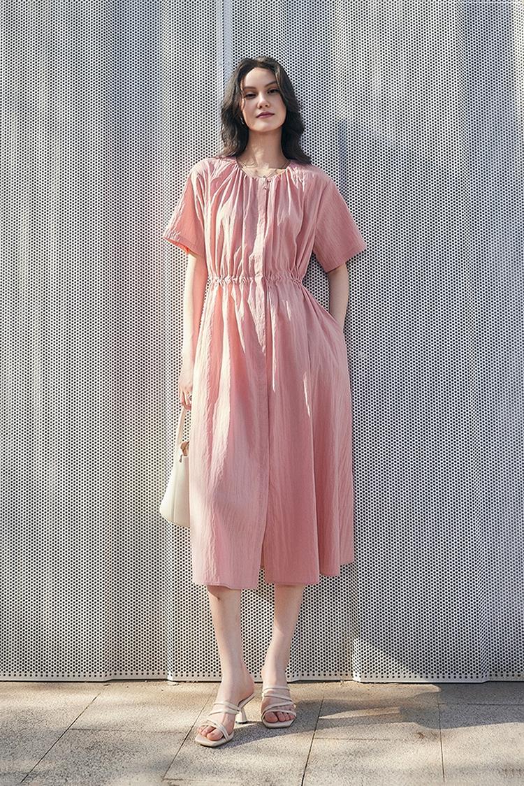 Summer Cinched Waist Midi Dress with Pockets - HBQMJX