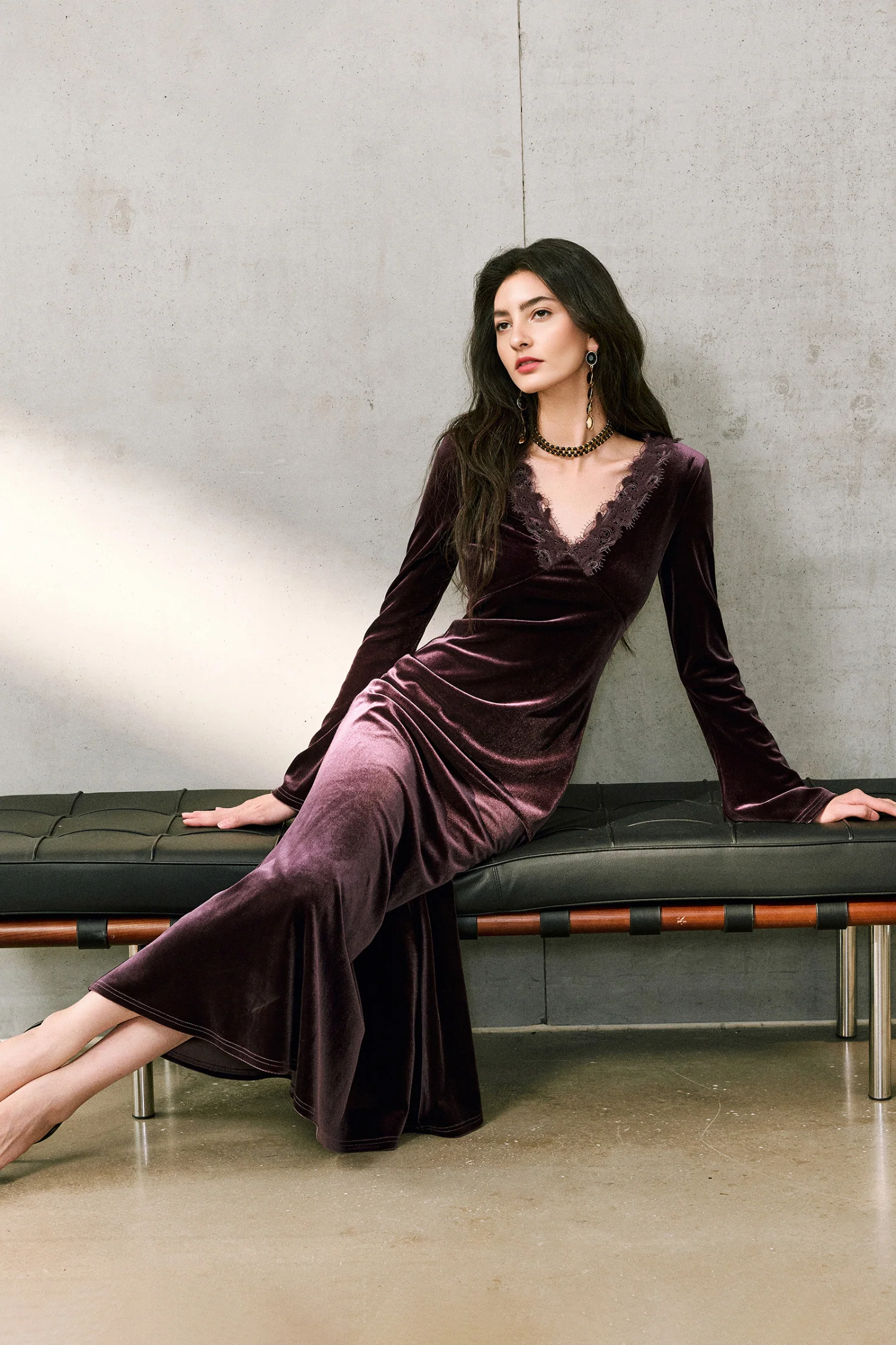 Purple Velvet Long Sleeve Lace V-Neck Maxi Dress - HBQMJX