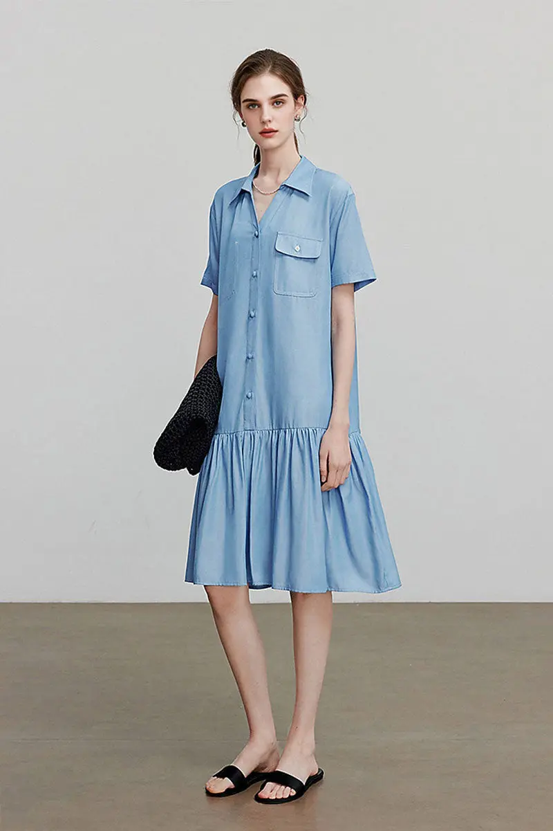 Draped Short-Sleeve Drop-Waist Shirt Dress in Blue - JIEEQQ