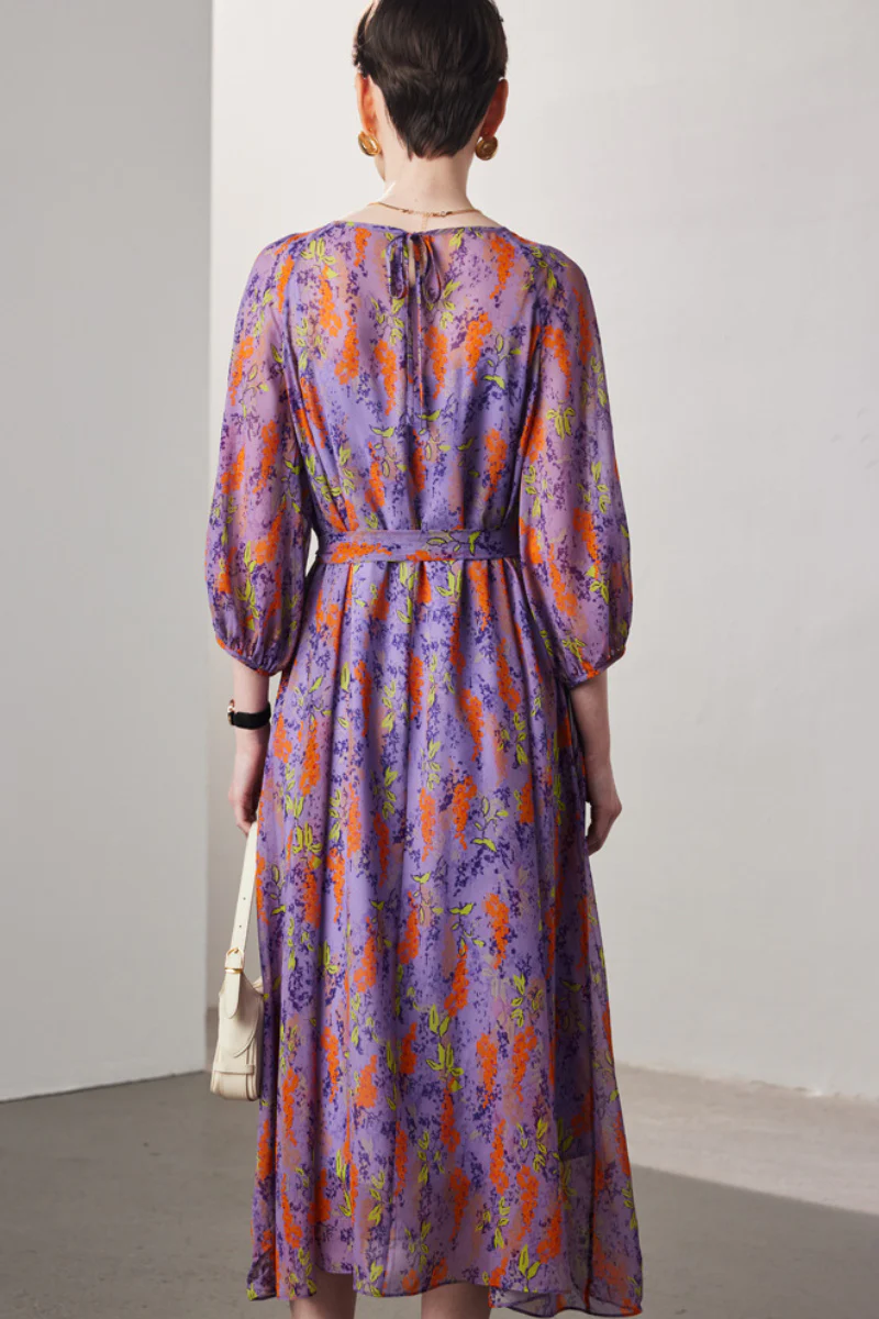 100 Mulberry Silk Floral Balloon-Sleeve Tie-Waist Midi Dress with Camisole Slip - HBQMJX