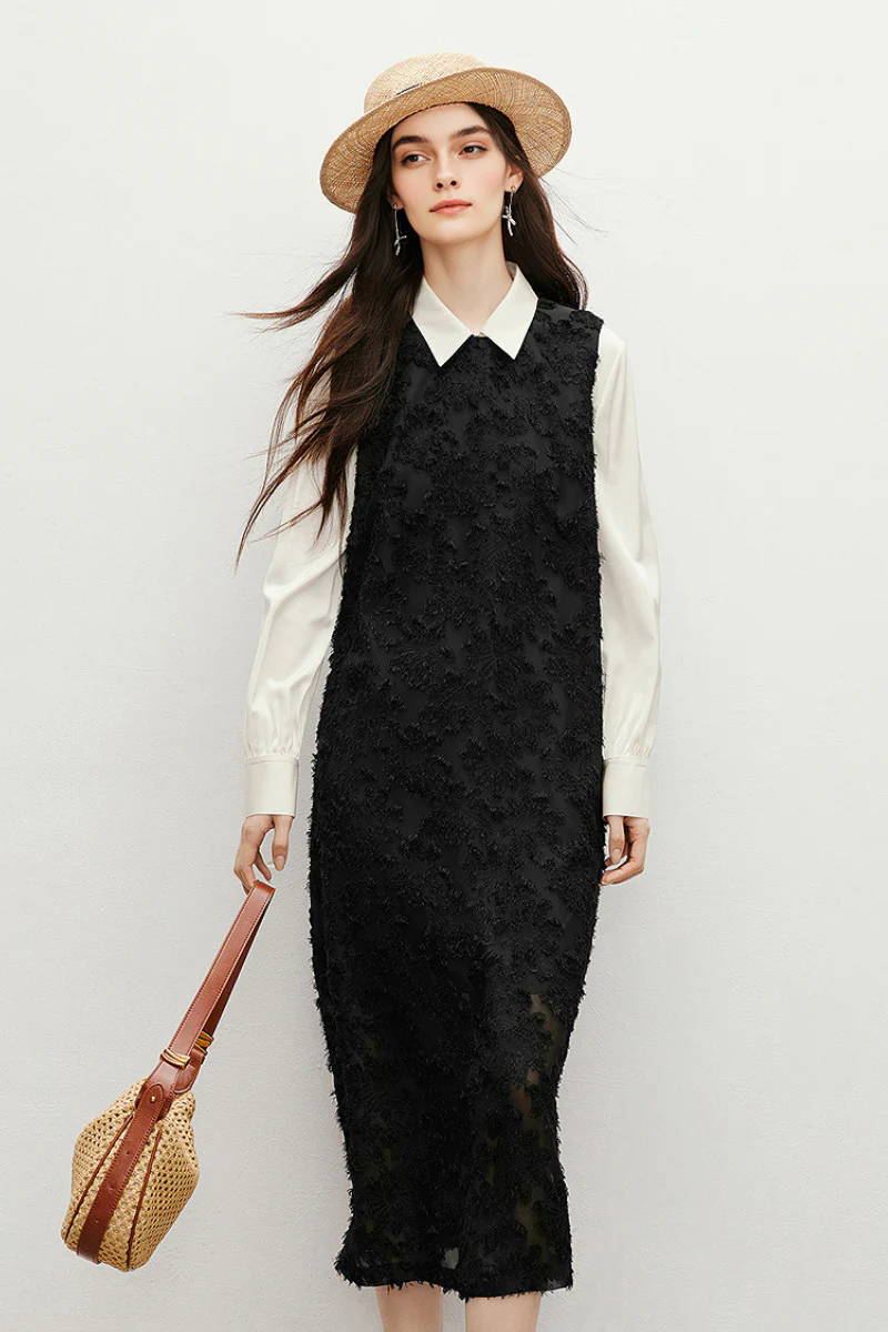 Black Floral Applique Sleeveless Dress - HBQMJX