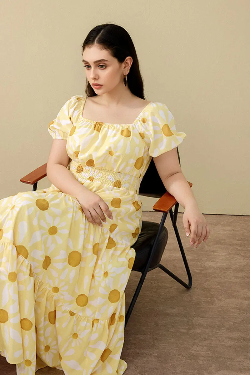 Yellow Floral Tiered Smocked Maxi Dress - HBQMJX