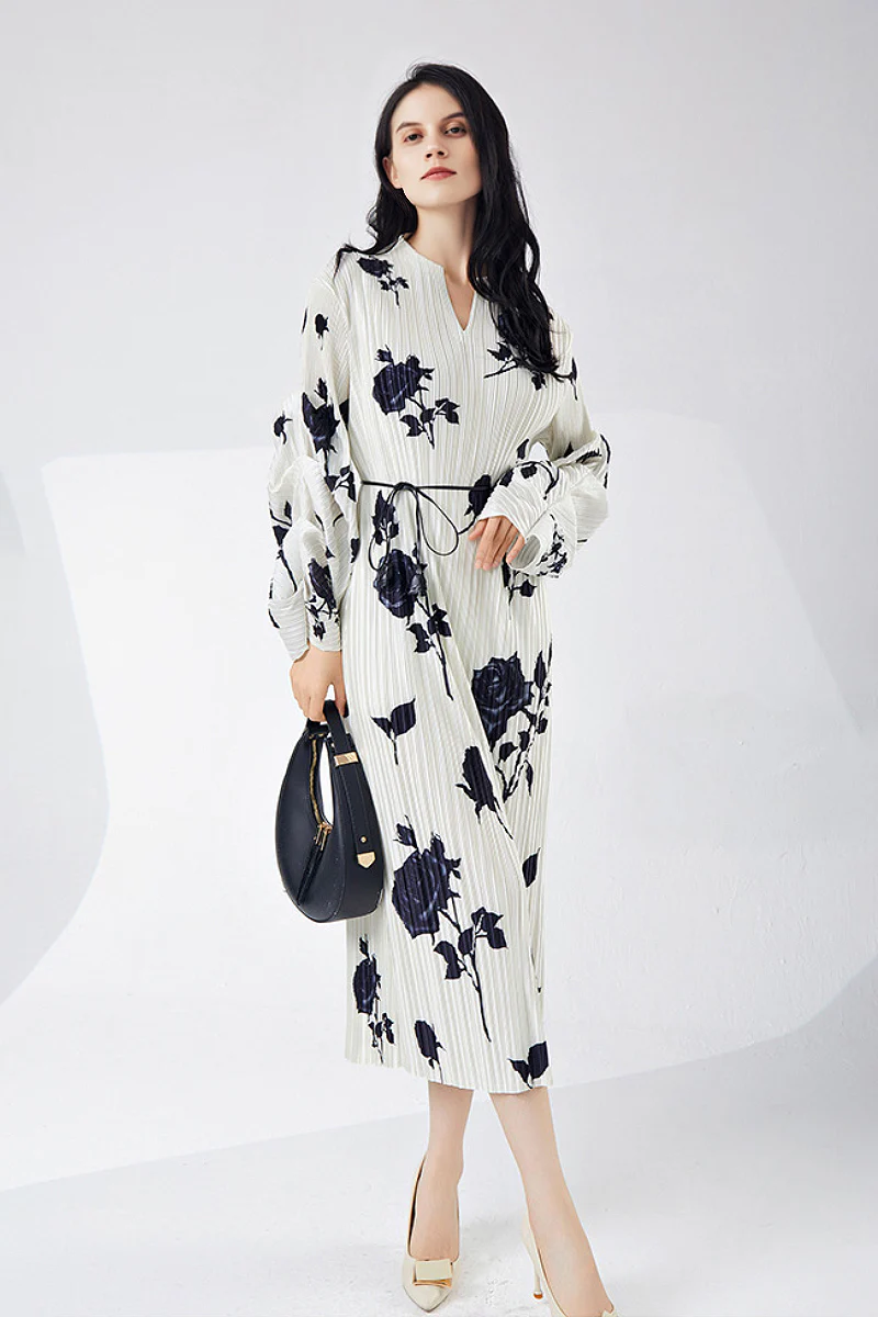 Designer Inspired Pleated Floral Long-Sleeve Midi Dress - HBQMJX