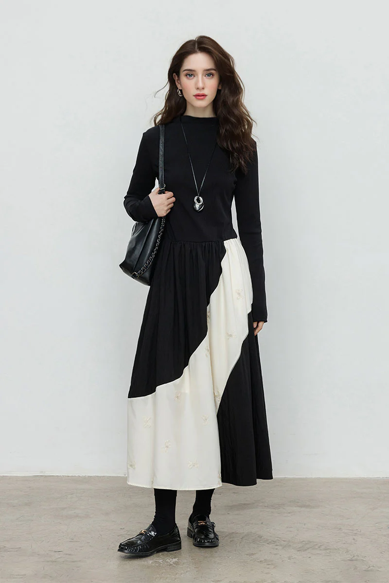 Fit & Flare Long-Sleeve Midi Dress with Lace Patchwork - HBQMJX