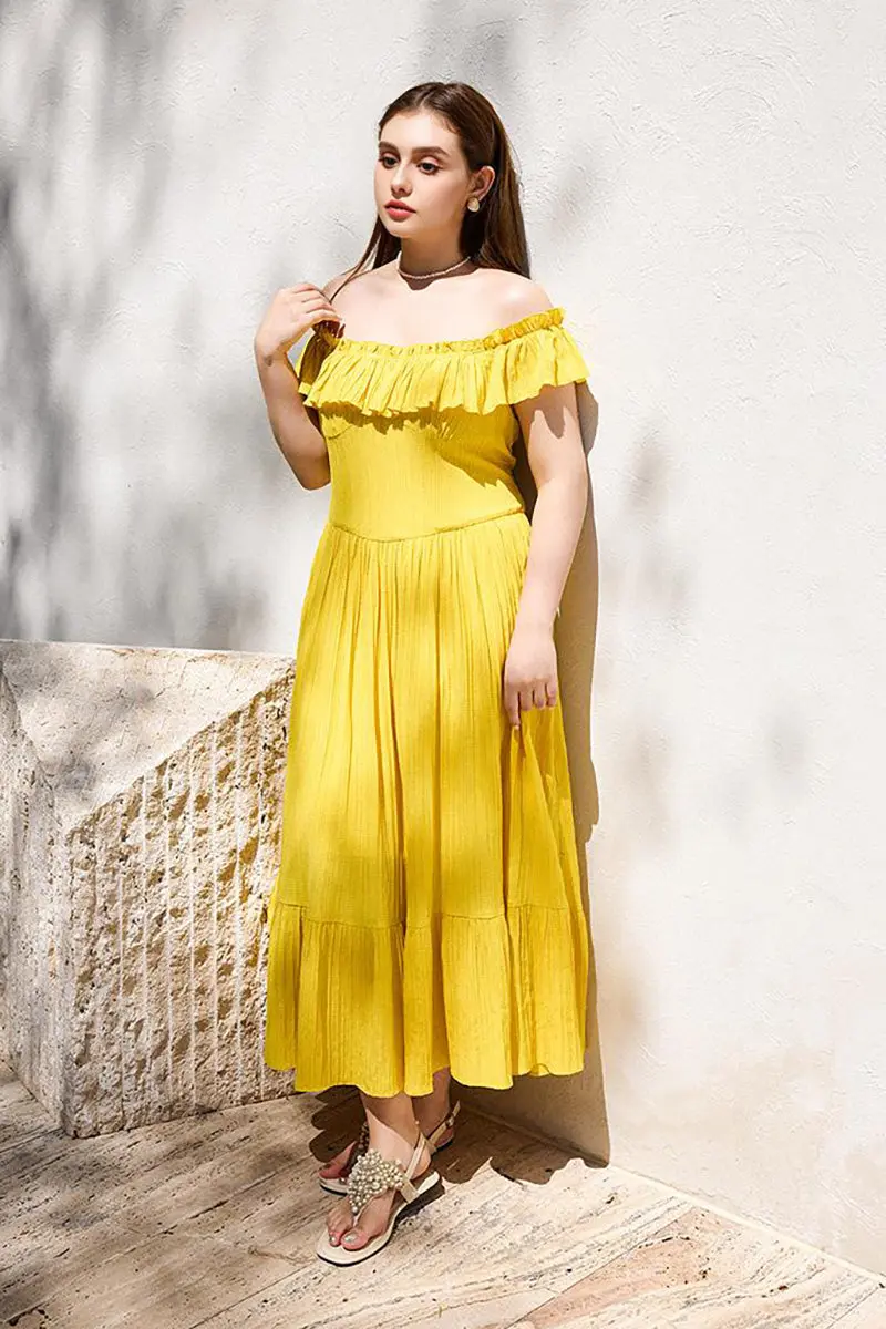 Yellow Off-the-Shoulder Ruffled Fit & Flare Midi Dress - HBQMJX